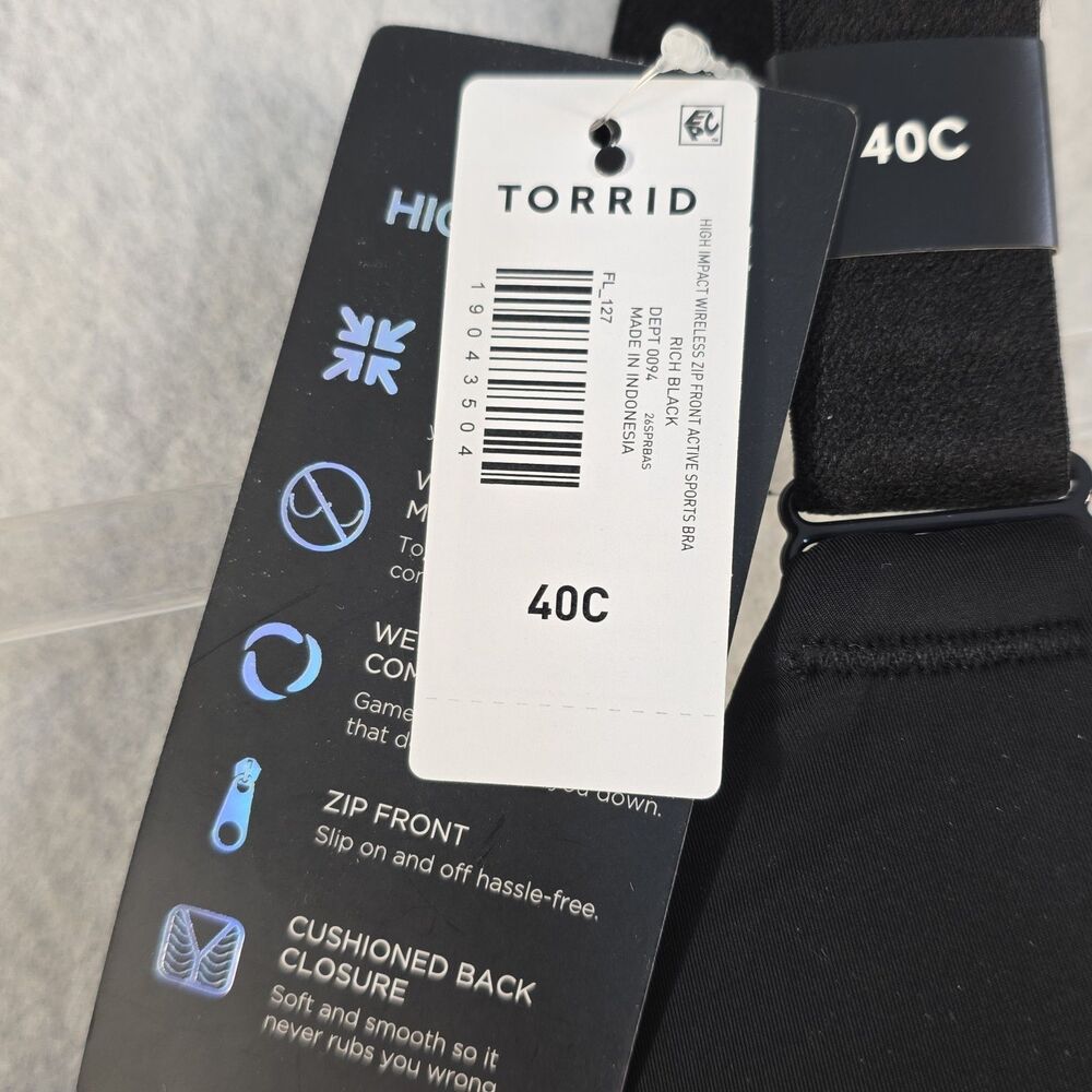 Torrid Active High Impact Wireless Zip Front Sports Bra 40C Rich Black NWT - Picture 5 of 7